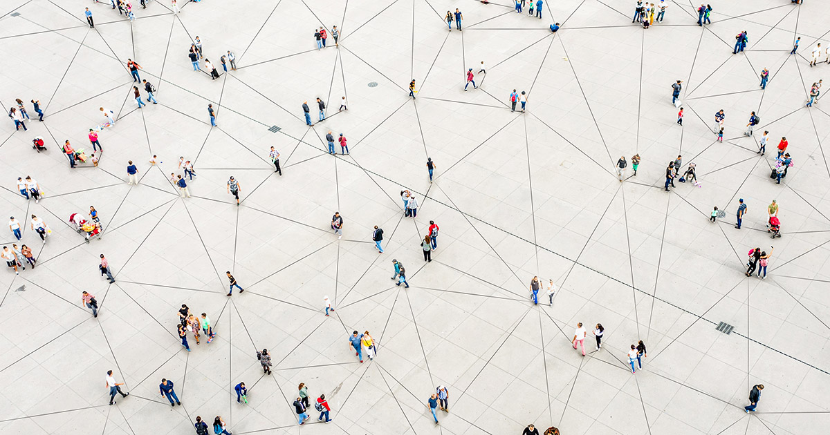 Aerial view of people walking on a floor with lines that connect them