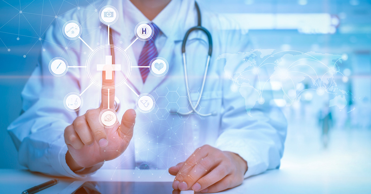 A doctor touching a digital icon representing AI