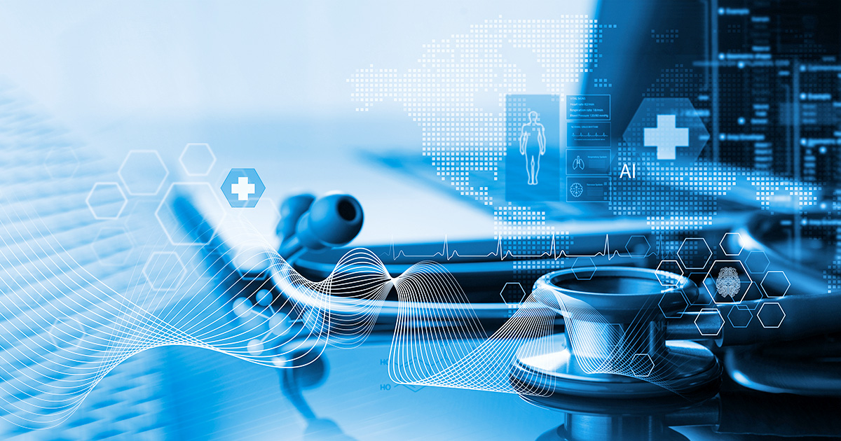 Medical icons overlaid on a stethoscope and laptop