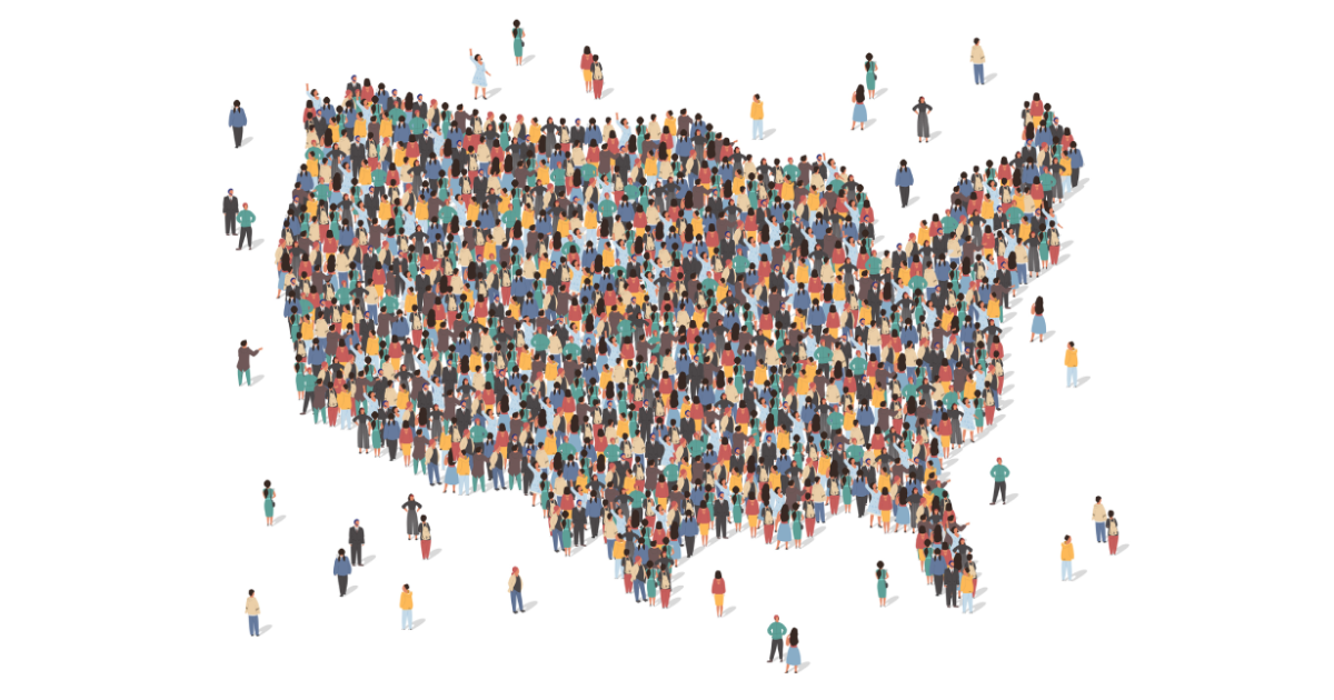 The contiguous United States made up of icons of people