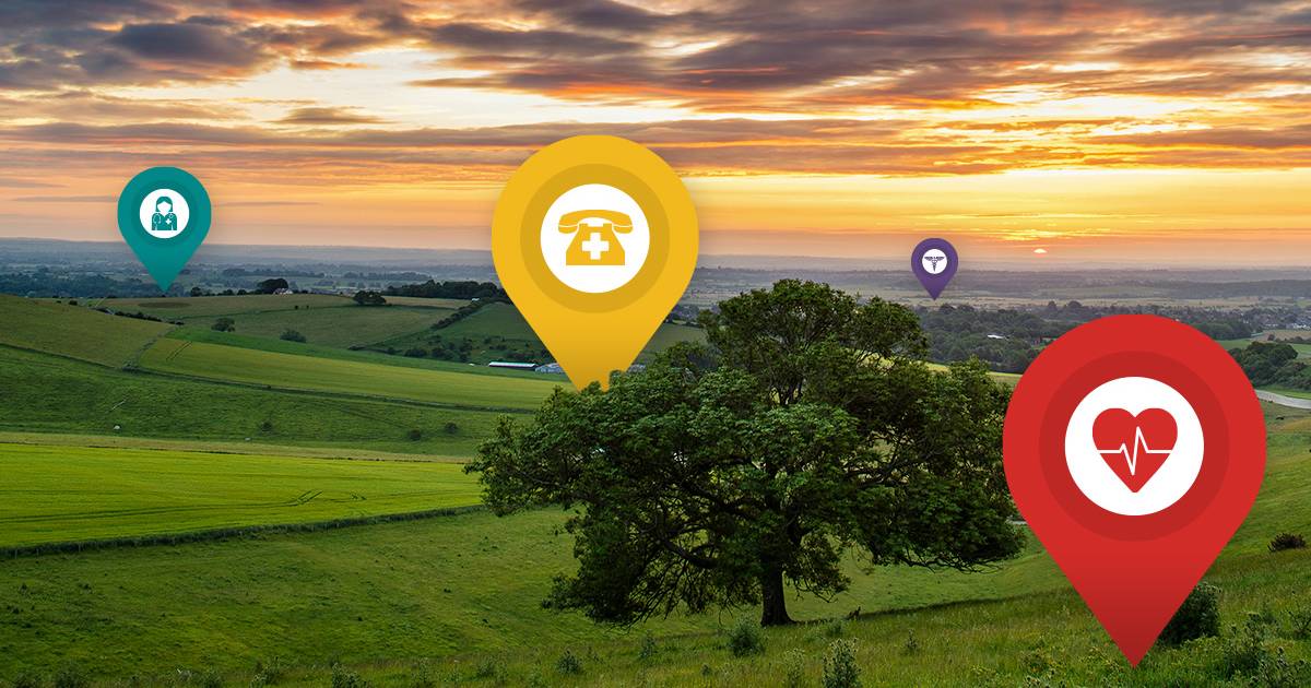 Rural landscape with small green hills and health icons