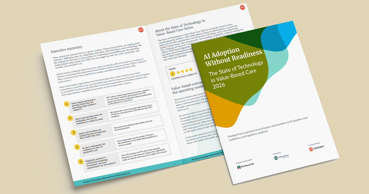 Cover and interior pages of the report AI Adoption Without Readiness: The State of Technology in Value-Based Care 2026, highlighting findings from a national survey on AI adoption, data confidence, and regulatory readiness in value-based care.