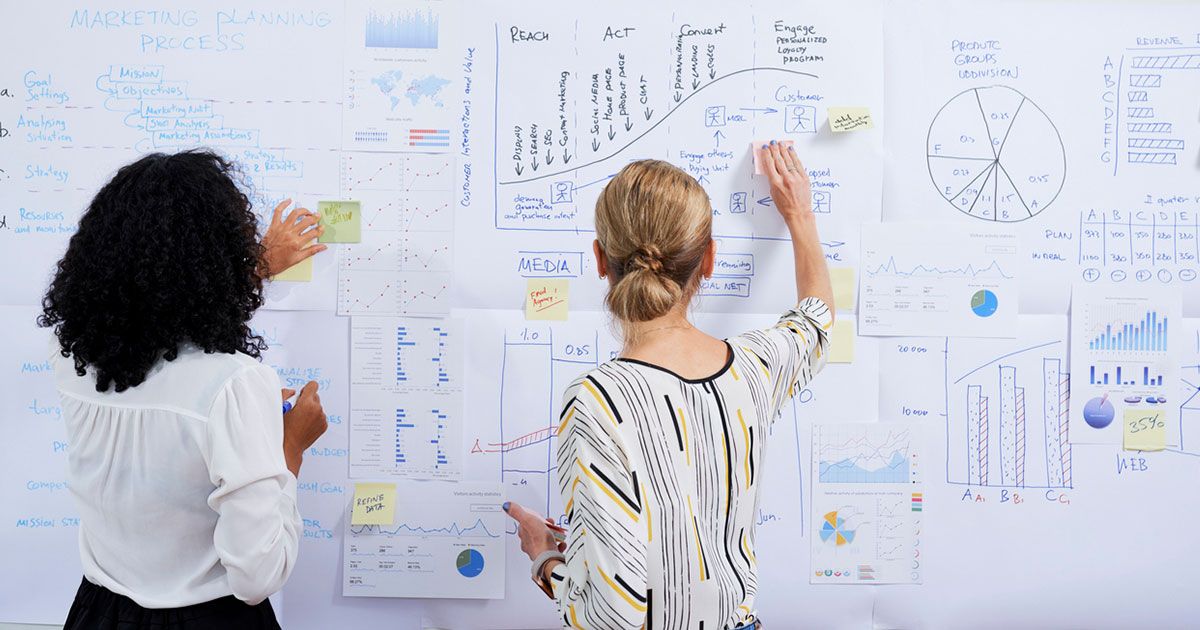 Workers collaborate at a whiteboard. 